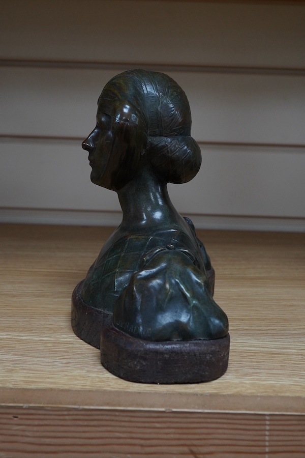 A Renaissance revival bronze bust of a lady, raised on shaped wooden base, signed J. V. Badin, 19.5cm high. Condition - good